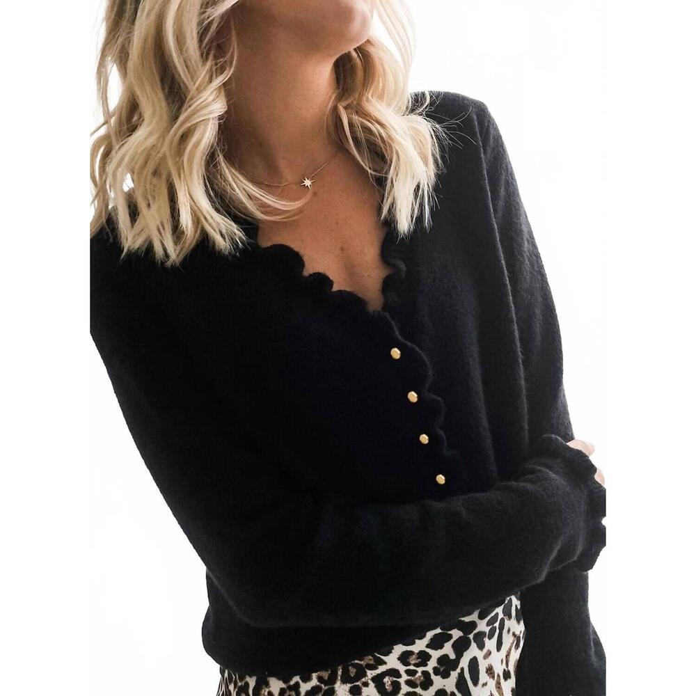 NEW DEAR LOVER frilled v neckline buttons sweater cardigan in black